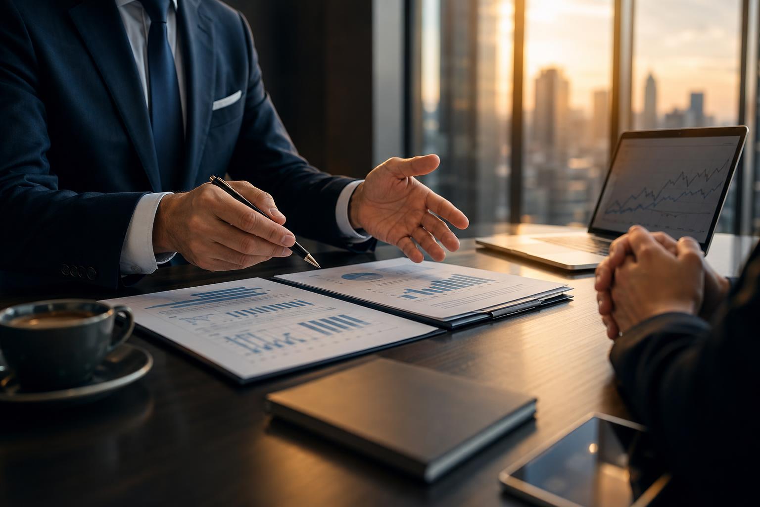 Consultores da MK Corporate analisando relatórios financeiros em reunião de consultoria